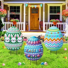 3 Pcs Easter Decorations Outdoor 3D Metal Easter Eggs Yard Signs Decorative G...