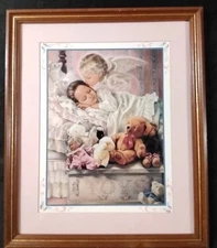 VTG Home Interiors Guardian Angel Sleeping Girl Framed double matted picture