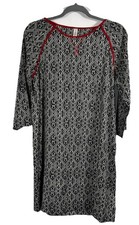 SPRINGFIELD Geometric Tile Print Shift Dress Red Trim Boho Parisian Chic US 10