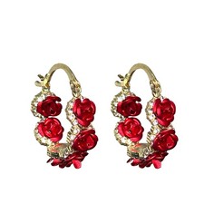 Anmpab Rose Flower Hoop Earrings for Women Rhinestone Floral Large, Red