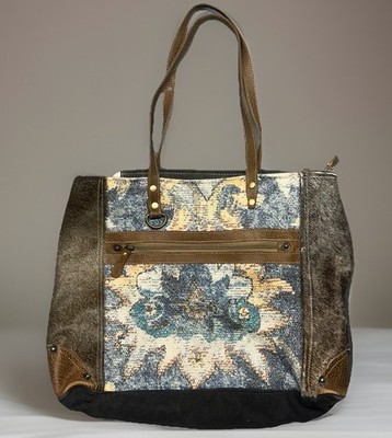 Myra Bags Cowhide Floral Tribal Aztec Tapestry Boho Large Tote Bag Bucket Purse