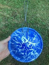 RARE BEAUTY NM COBALT BLUE WHITE SWIRL POT COVER GRANITEWARE Enamelware ANTIQUE