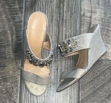 Nine West Nude Canvas Topaz & Clear Colored Jeweled Wedges Sz 7 M