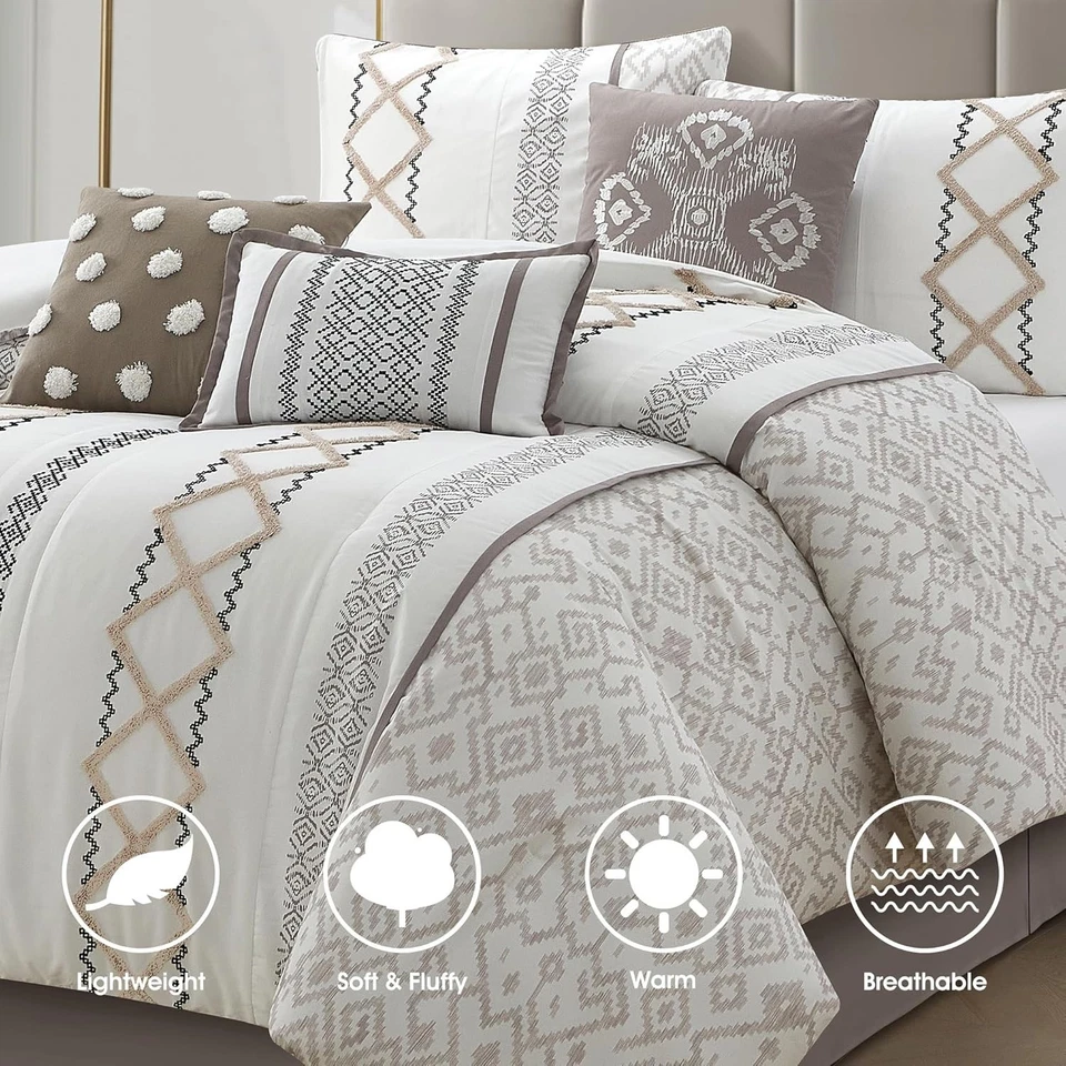 Elegante Juego de Edredón Taupe King con Bordado Geométrico Foto 4 de 4