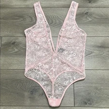 Victoria's Secret Deep-V Pink Floral Lace Teddy Bodysuit Size Medium