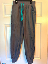 FIGS Unisex Gray Solid Jogger Scrub Pants Teal Drawstring Elastic Waist Zip