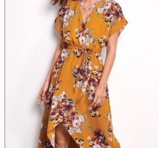 SLNY Fashions Ruffled Wrap Dress Women 14 Floral Surplice V-Neck Maxi Whimsical