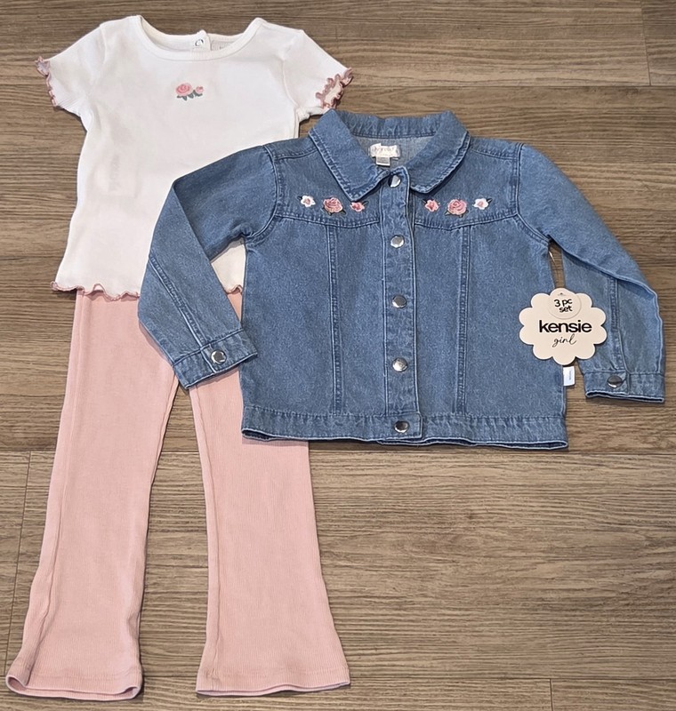 Kensie Girl New Girls 3 Pc Set. Knit Top,pant,denim Jckt. Size 3T. New With Tags