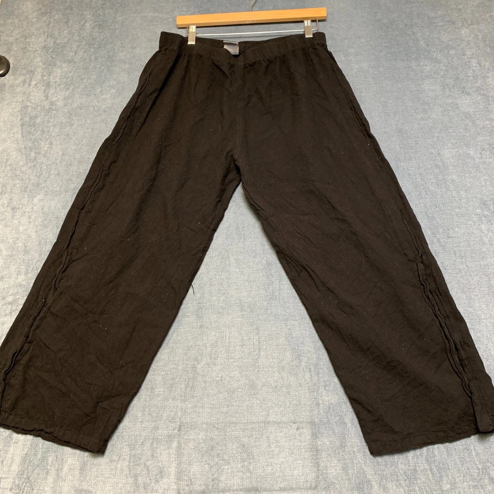 VTG Sea Breeze Cropped Wide Leg Pants Womens XL Black Cotton Side Slit Elastic