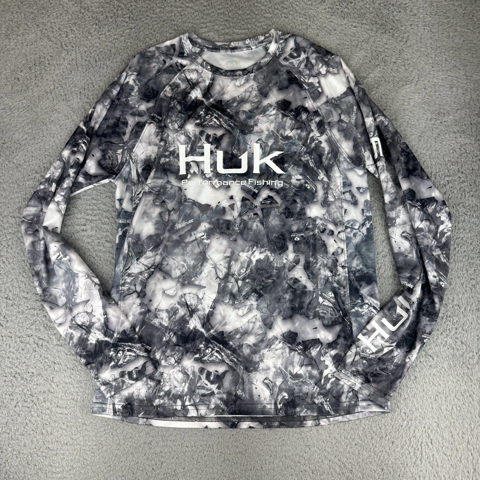 Huk Mossy Oak Fishing Long Sleeve High Stretch Fishing Shirt White Grey Mens S