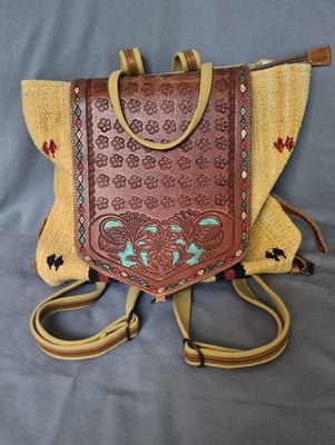 Myra Bag Southwestern Woven Backpack Brown Tooled Leather & Turquoise Accents