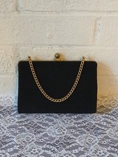 Vintage Mid Century Black Clutch Purse Evening Handbag With Gold Clasp And Chain