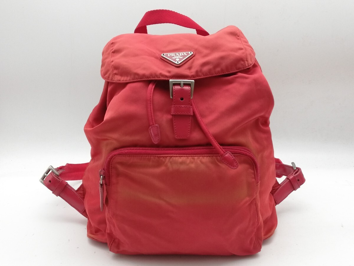 PRADA Backpack Triangle Logo Red Backpack Nylon Logo Plate Bag Triangle Logo Bag