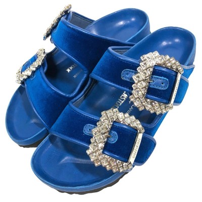Manolo Blahnik x Birkenstock Arizona Velvet Crystal Buckle Blau Größe 36