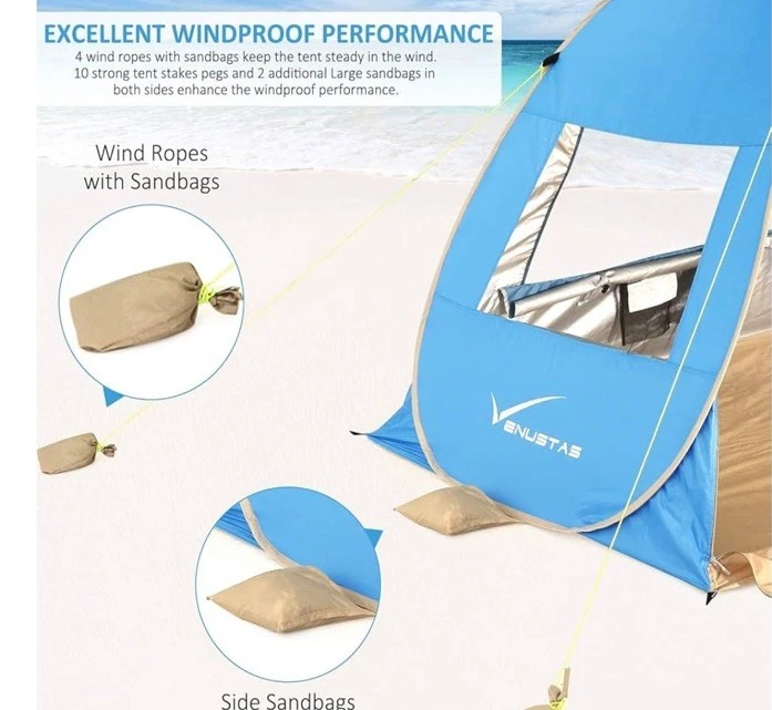 Палатка пляжная раскладная Venustas на 4 человека UPF50+ солнцезащитное укрытие легкая установка оттенок бирюзовый/серый - Изображение 4 из 4