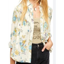 Free People Floral boho Button Down Shirt Blouse Top Ivory Blue Yellow M whimsi