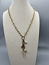 Paperclip Chain Necklace Cross Imitation Pearl Charms 17" Y Style Gold Tone