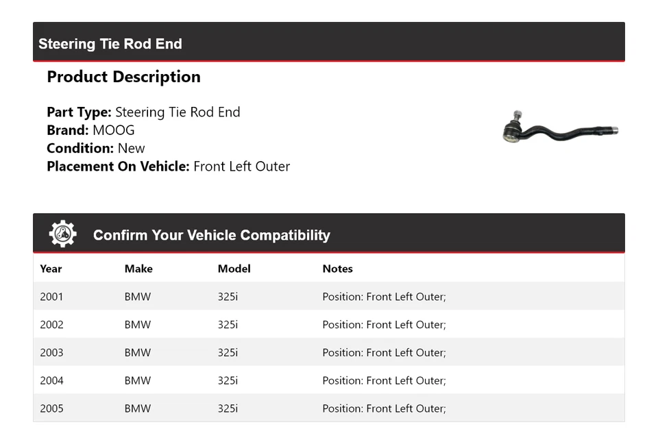 Para BMW 325i 2001-2005 extremo de barra de dirección delantera izquierda exterior MOOG 2001 2002 2003 Foto 2 de 4
