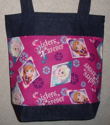 NEW Medium Denim Tote Bag Handmade/w Frozen Movie Sisters Forever Fabric