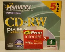 Memorex 5 Pack CD-RW Platinum 650 MB 74 Min 2X 4X Write Speed Backup Recording