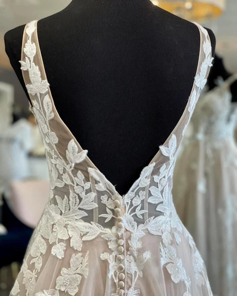 Vestido de novia de encaje floral champán vestido de novia hecho a medida 6-28W talla grande Foto 4 de 4