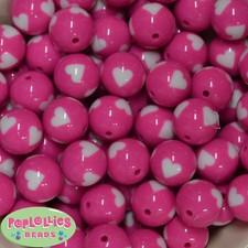 20mm Hot Pink with White Hearts Resin Chunky Bubblegum Beads 20 pc