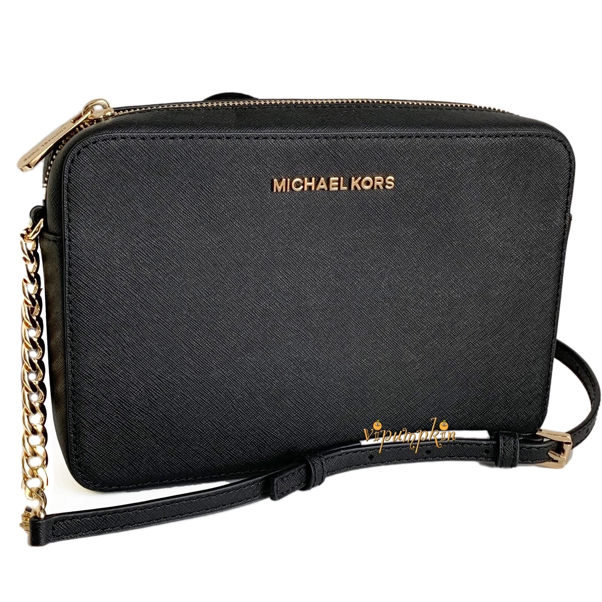 Michael Kors Jet Set Large Saffiano Leather Crossbody Bag - Black/Gold •  Price »