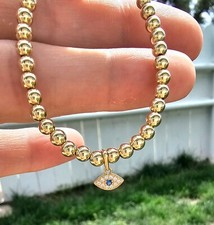 14k Solid Yellow Gold 4mm Bead and Evil Eye Blue Sapphire Diamond Charm Bracelet