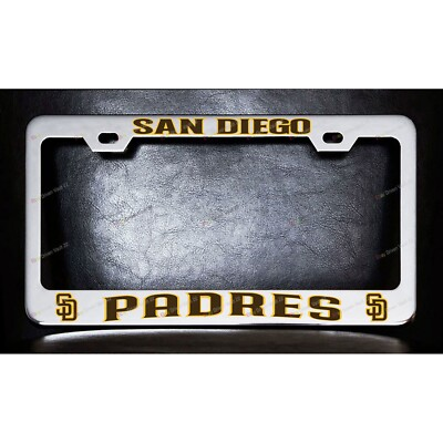 #ad San Diego Padres Chrome Metal Custom Made License Plate Frame Screw Caps $25.99
