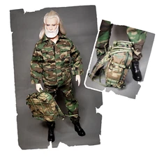 Military-style camo jacket, pants, and backpack for 12-inch fashion male dolls