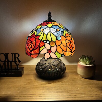 Tiffany Style Mini Table Lamp Stained Glass Rose Flowers LED Bulb 12 H*8 W*8 D