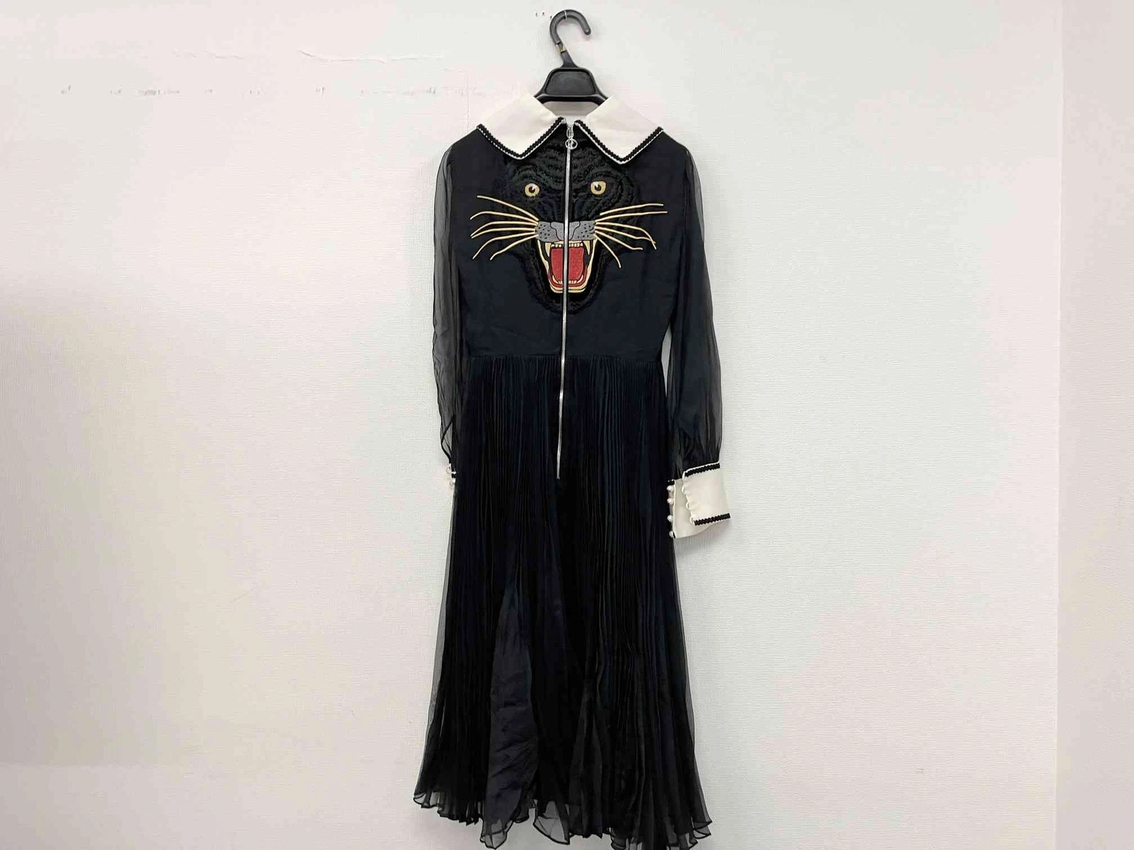 Gucci abito nero leopardato ricamato plissettato misto seta taglia S 2506TY