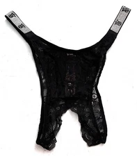 Victorias Secret Black Lace Brazilian Logo Shine Strap Ouvert VS Nwt Panty