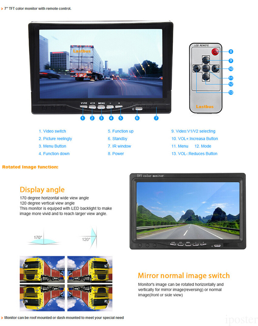 Rear View System 7 inch Car Monitor Backup Camera 4PIN Heavy Duty 12-24v Caravan