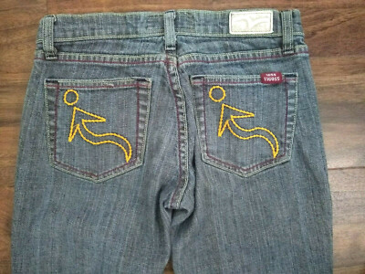 Miss Vigoss Bootcut Jeans Size 1/2 Yellow Embroidered Pockets Green/Red Stitch