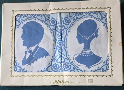 Vintage Pair Cotton Pillowcases His Hers NIB NOS Blue White Victorian Lady - Picture 2 of 2