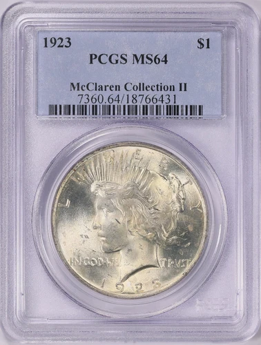 1923 Silver Peace Dollar PCGS MS MS-64 McClaren Collection II Pedigree