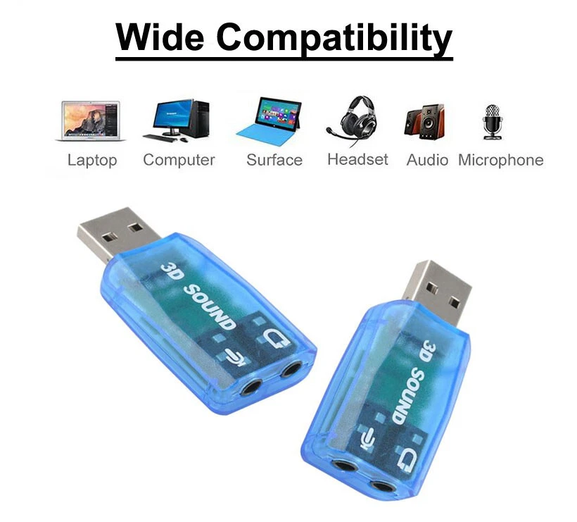 USB 2.0 to 3D Audio Sound Card External Adapter Virtual 5.1 CH Mic Headphone New