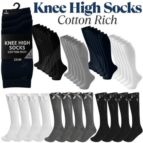 Ladies Girls Knee High Socks Long Length Soft Cotton Solid Colour 3 Pairs 4-6UK