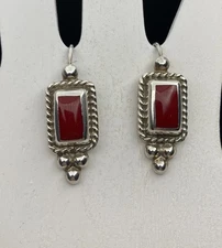 Taxco Mexico 925 Sterling Silver Red Stone Inlay VTG Dangle Earrings 1.5” 11.8g