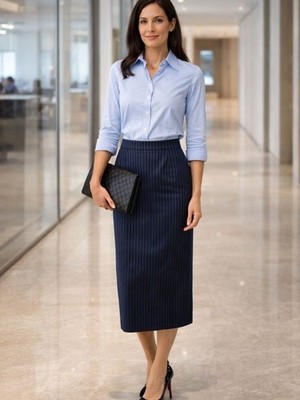 ESCADA Pinstripe Striped Blue Navy Wool Pencil Knee Length Skirt