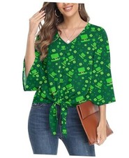  Women's Button V Neck Chiffon Tops 3/4 Bell Sleeve Tie Knot Large Green Hat