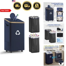 Recycling Bin Kitchen Dark Blue 26 Gallon Large Capacity with Wheels