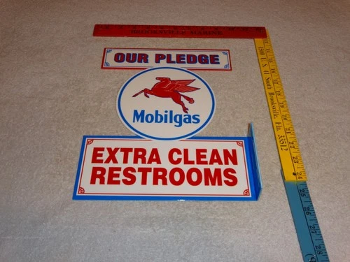 VINTAGE MOBIL MOBILGAS CLEAN RESTROOMS PEGASUS 12" X10" GASOLINE OIL FLANGE SIGN