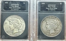 1935 & 1934D 90% Silver Peace Dollars In Blanchard Holders Nice Semi Key Dates