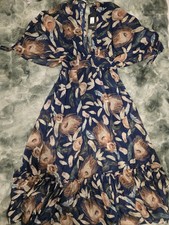 Fashion Nova Farrah Floral Maxi Dress Navy Beige Brown Ruffle Flutter Sleeve L