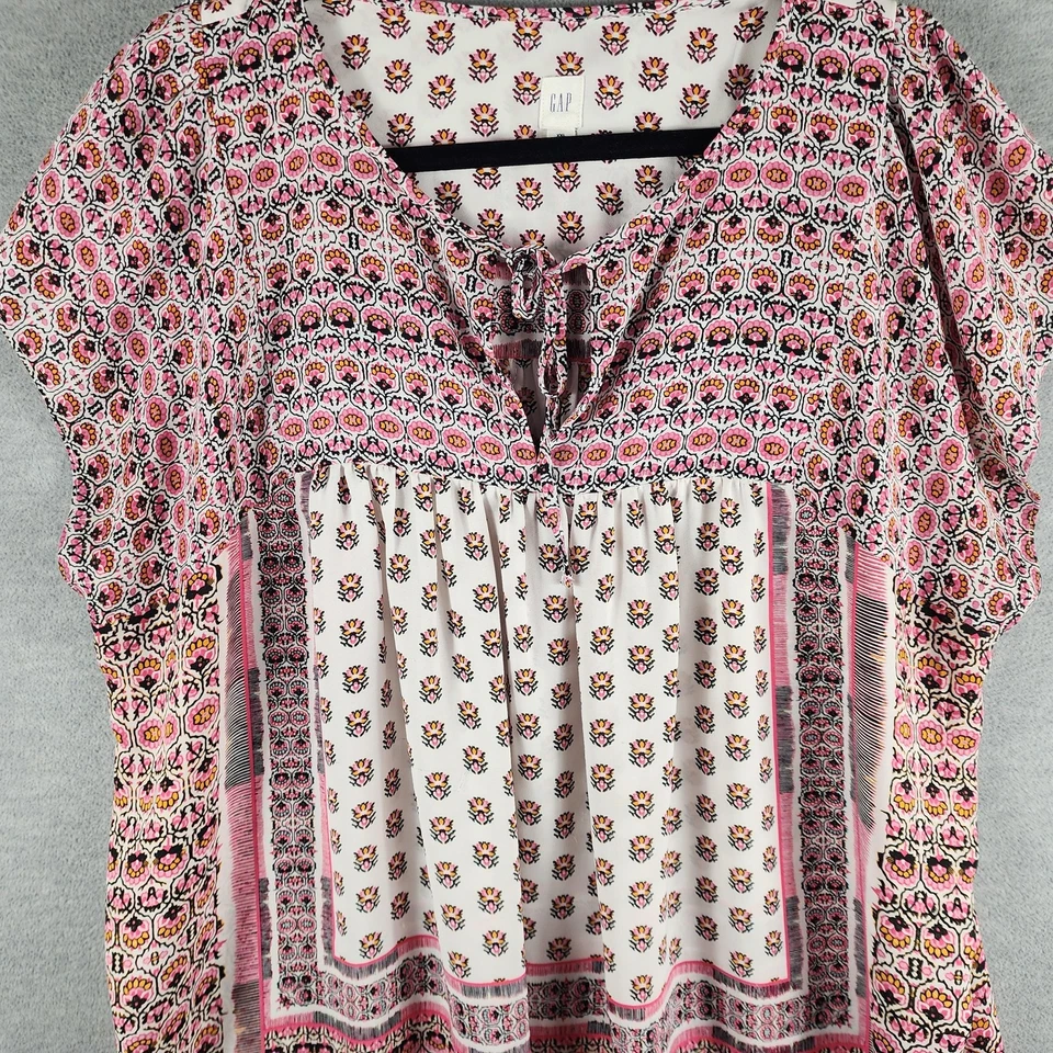 Blusa GAP Mujer 2XL Rosa Boho Floral Cuello Atado Campesino Túnica Top Poliéster Foto 3 de 4