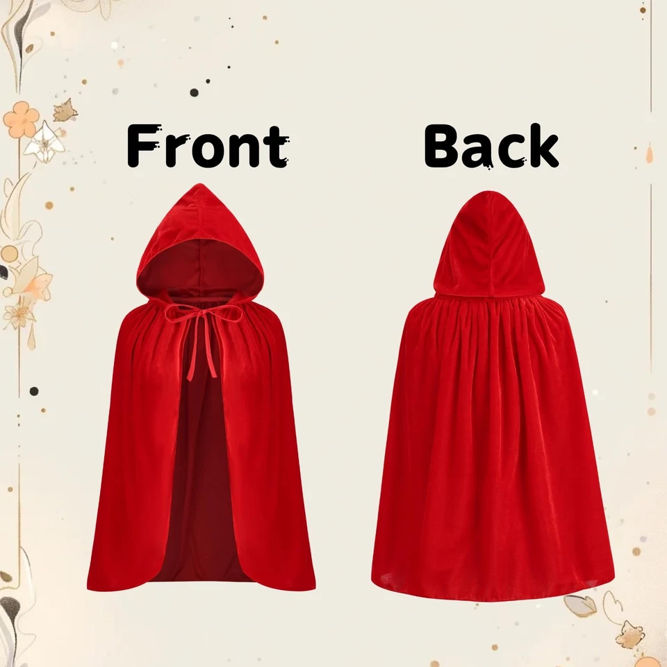 Capa de terciopelo rojo con capucha para montar capa de Navidad de Halloween (rojo brillante sólido, 25... Foto 4 de 4