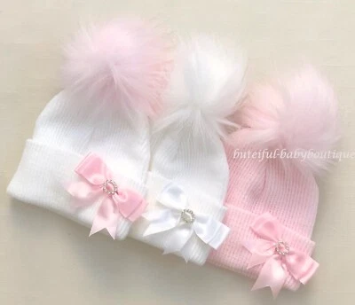 Newborn Baby Girls Spanish Style Diamante Bow Fur Pom Pom Hat UK Made *1 Hat*