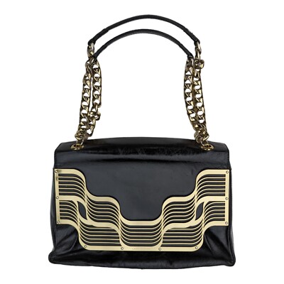 バッグ leather gimmick hand bag black Lara Bohinc Black Leather Hand Bag Front Flap Metal Design